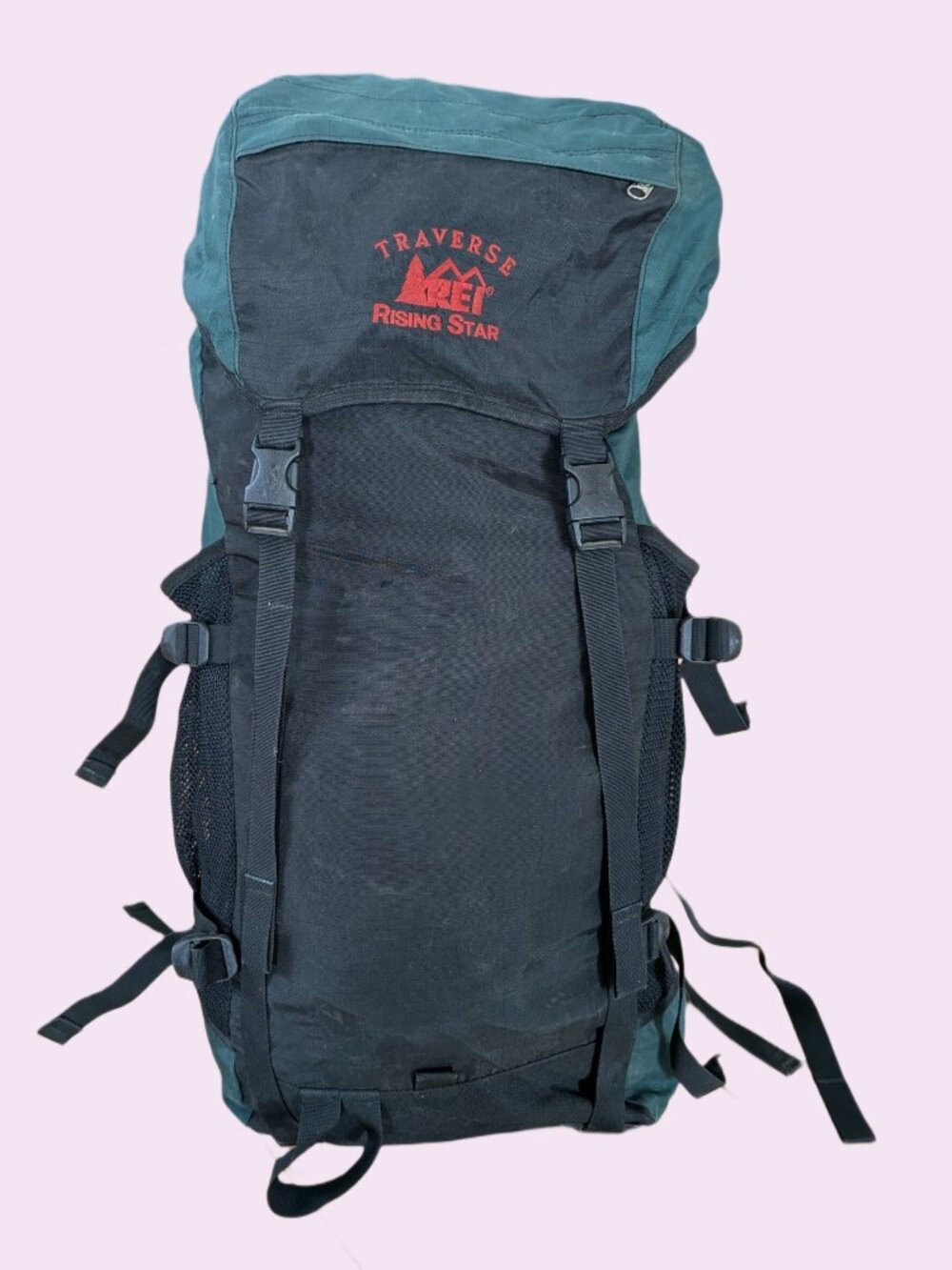 REI Rising Star Green Nylon INternal Frame Backpack - 75 Liters + top pack